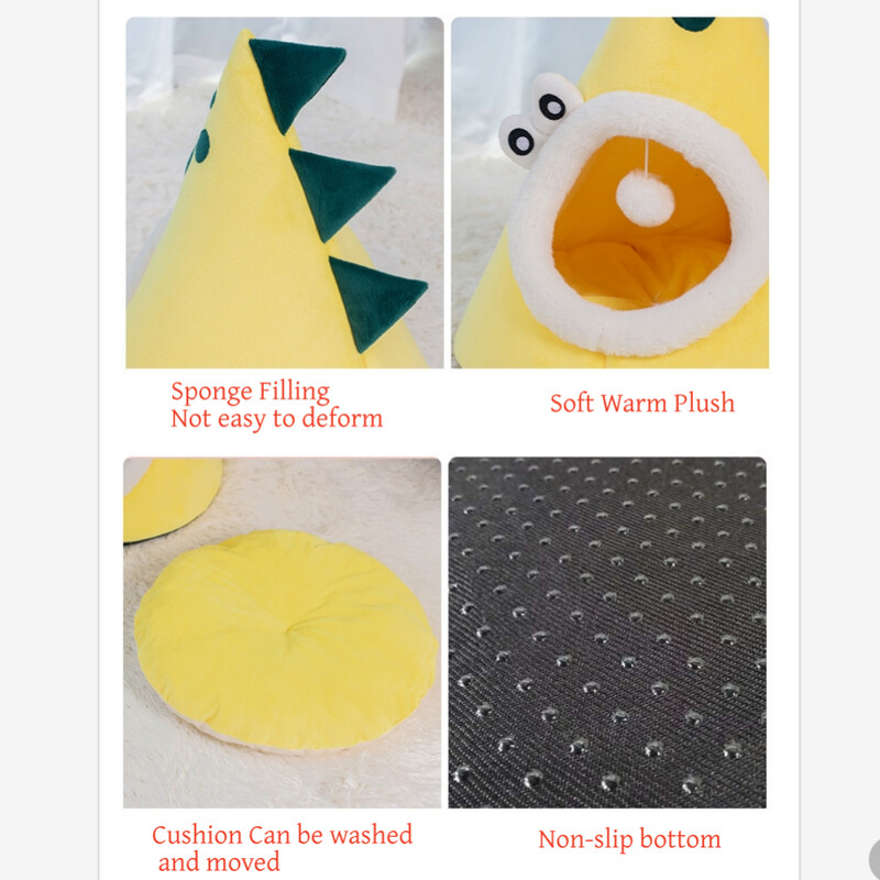 Casă pentru animale de companie tridimensională în formă de dinozaur, galben de desene animate, pat drăguț pentru pisici în timpul iernii, pat moale pentru dormit, pentru pisici, câini, petrecere decembrie