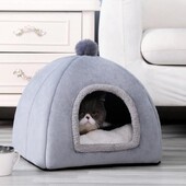 Pusiau uždara kačių lova Neslystanti naminių gyvūnėlių veislynas Pilkas kačiuko namas Kambaryje miegančios katės urvo lova Pliušinis sulankstomas mažų šunų palapinės daiktai