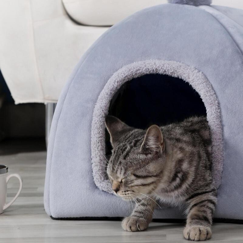 Pusiau uždara kačių lova Neslystanti naminių gyvūnėlių veislynas Pilkas kačiuko namas Kambaryje miegančios katės urvo lova Pliušinis sulankstomas mažų šunų palapinės daiktai