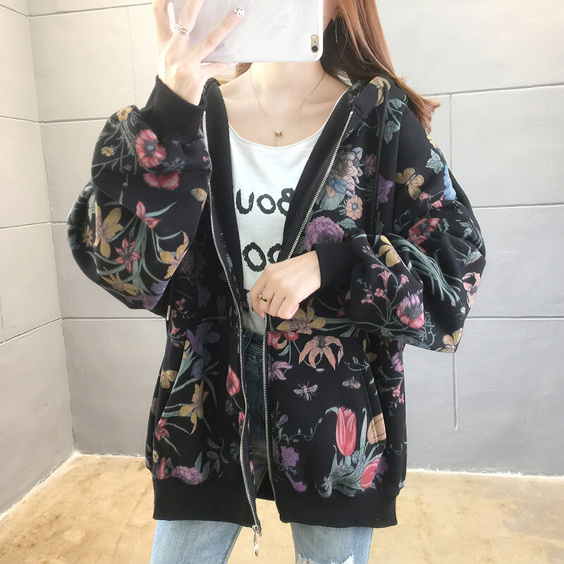 ZuoLunOuBa Winter Plus polár női kapucnis, hosszú ujjú, gyönyörű tulipánmintás Harajuku divatos női pulóver, cipzáras női kabát