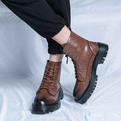 Moda de iarnă Stil de stradă Cizme de piele pentru bărbați cu șireturi Cizme lungi Cizme de motocicletă Cizme de rochie Cizme de modă pentru bărbați maro și negru