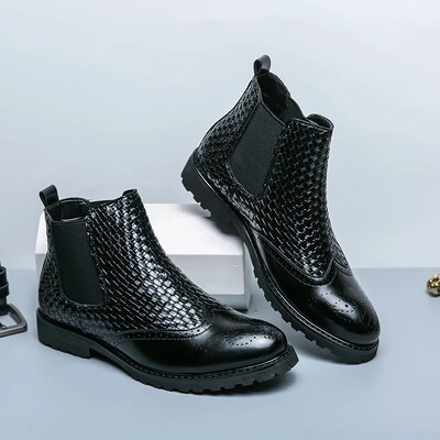 Cizme Chelsea Bărbați PU carouri Patchwork bloc sculptat Business Cizme formale Confort clasic Cizme înalte pentru bărbați Dimensiune mare 38-46