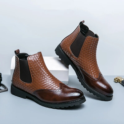 Cizme Chelsea Bărbați PU carouri Patchwork bloc sculptat Business Cizme formale Confort clasic Cizme înalte pentru bărbați Dimensiune mare 38-46