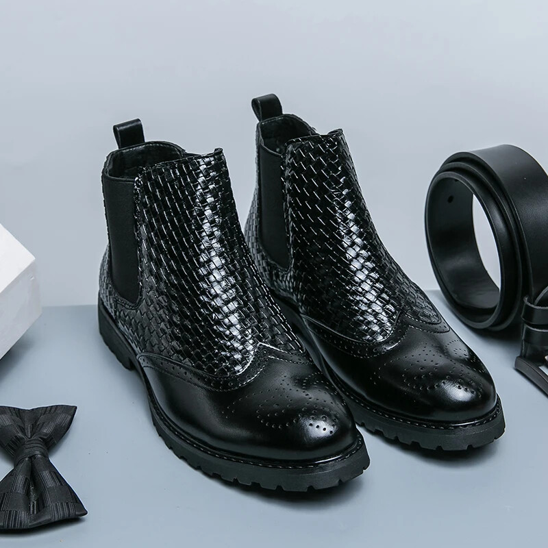 Cizme Chelsea Bărbați PU carouri Patchwork bloc sculptat Business Cizme formale Confort clasic Cizme înalte pentru bărbați Dimensiune mare 38-46