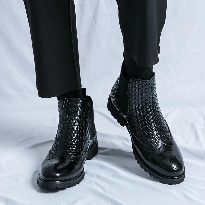 Cizme Chelsea Bărbați PU carouri Patchwork bloc sculptat Business Cizme formale Confort clasic Cizme înalte pentru bărbați Dimensiune mare 38-46