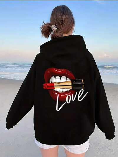 Topuri pentru femei Sexy Red Lip Graphic Hanorace cu mâneci lungi Kiss Lip Funny Fashion Pulover moale pentru femei Buze Acuarele Graphic Hoodies