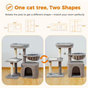 Cat Tree Cat Tower for Indoor Cats 2 Styles Cat Activity Tree with Cat Scratching Posts Μεγάλη αιώρα και αφαιρούμενο Top Perch Grey