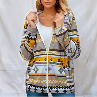 Primăvară și toamnă Noua modă europeană și americană Casual cu mânecă lungă imprimată geometrică, cu glugă, buzunar, fermoar, pulover