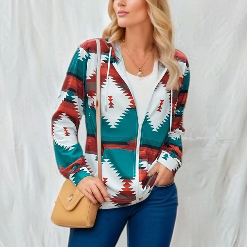 Primăvară și toamnă Noua modă europeană și americană Casual cu mânecă lungă imprimată geometrică, cu glugă, buzunar, fermoar, pulover