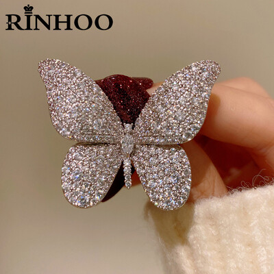 Rinhoo Fashion Full Zircon Wings Сребърна цветна брошка с пеперуди за жени Реверни игли с ревери от кристали Значка с животни Бижута