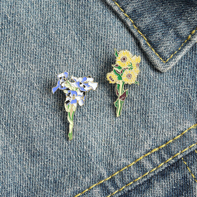 Noua broșă Van Gogh cu floarea soarelui emailată Van Gogh Iris Pin Clip înfășurat în geantă metalică rever haine jachete accesorii