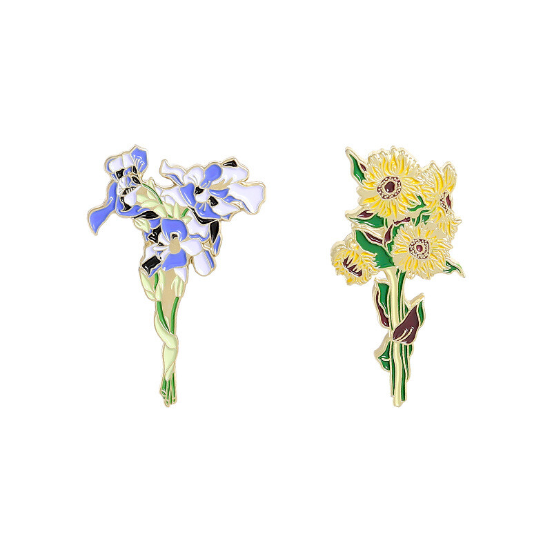 Noua broșă Van Gogh cu floarea soarelui emailată Van Gogh Iris Pin Clip înfășurat în geantă metalică rever haine jachete accesorii