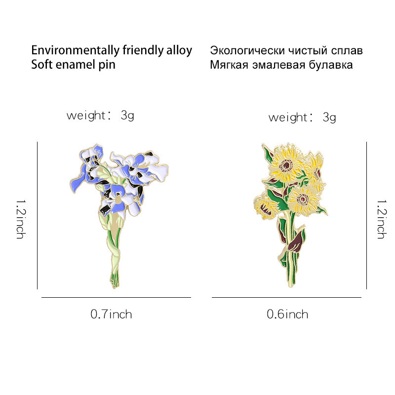 Noua broșă Van Gogh cu floarea soarelui emailată Van Gogh Iris Pin Clip înfășurat în geantă metalică rever haine jachete accesorii