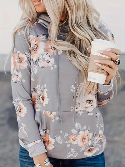 Ženski pulover s kapuljačom s dugim rukavima i dugim rukavima veličine 1XL-5XL s cvjetnim printom i kapuljačom Ženska ležerna majica s uzicom i džepovima s kapuljačom