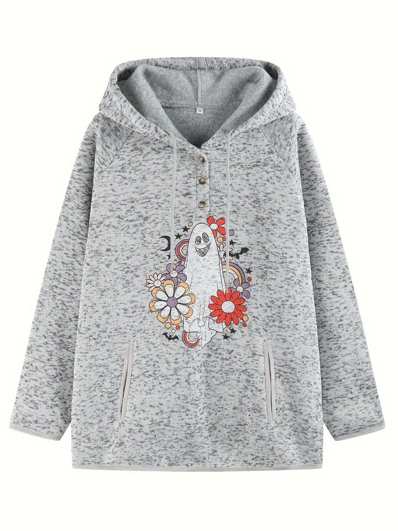 Hanorac ocazional de mărimi plus, pentru damă Plus fantomă și imprimeu floral, cu mânecă lungă, cu șnur, hanorac Henley cu glugă, cu buzunare