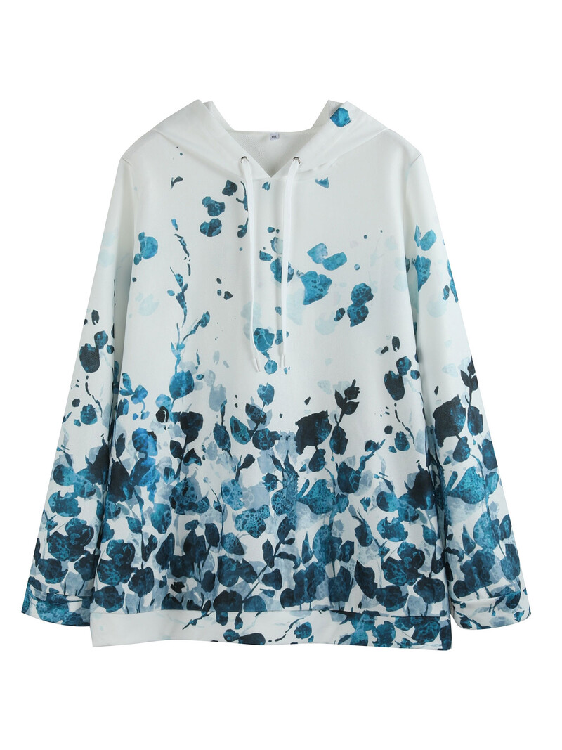 Ležerna trenirka velike veličine, ženska majica s kapuljačom s dugim rukavima i špagom s printom plus lišća s džepovima