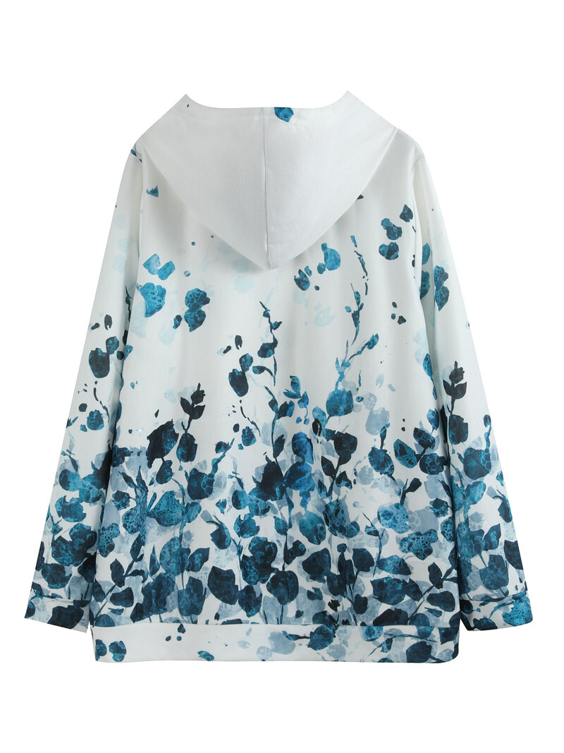 Ležerna trenirka velike veličine, ženska majica s kapuljačom s dugim rukavima i špagom s printom plus lišća s džepovima