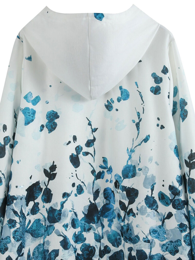 Ležerna trenirka velike veličine, ženska majica s kapuljačom s dugim rukavima i špagom s printom plus lišća s džepovima