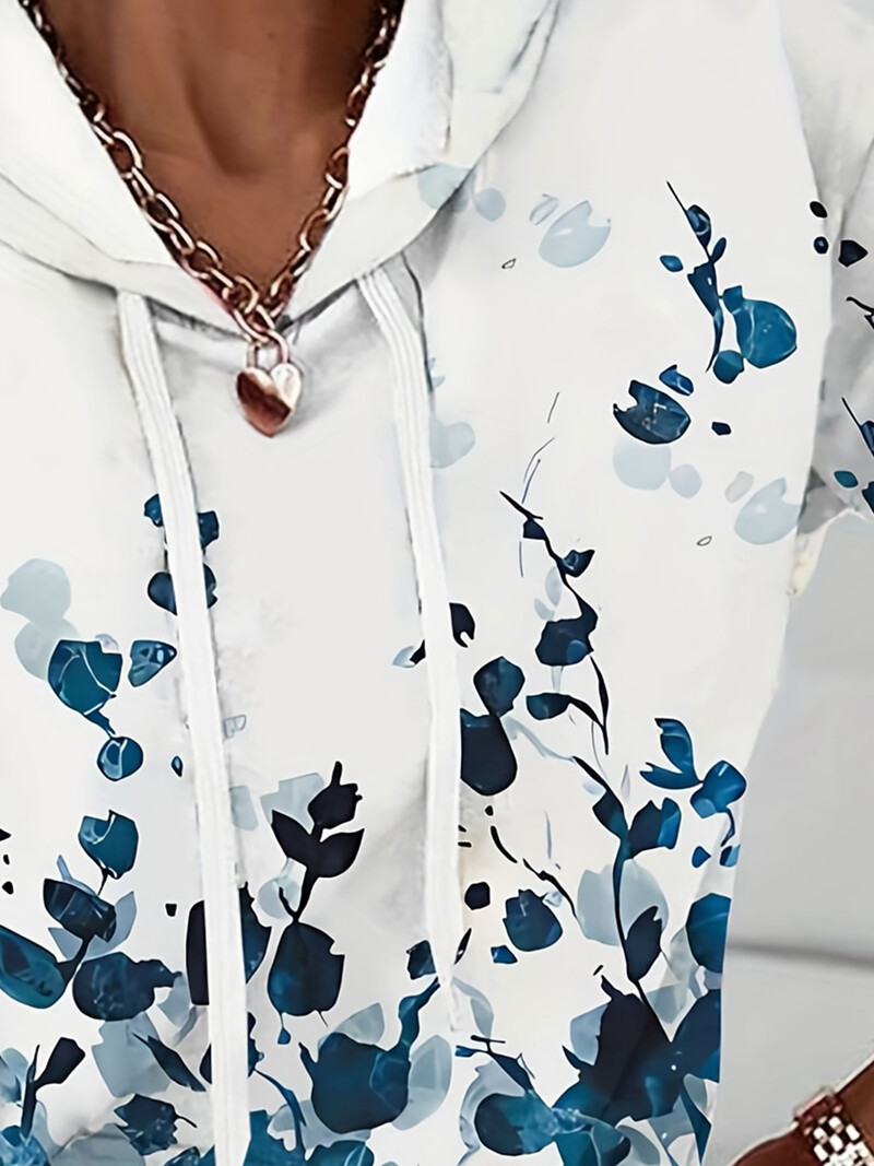 Ležerna trenirka velike veličine, ženska majica s kapuljačom s dugim rukavima i špagom s printom plus lišća s džepovima