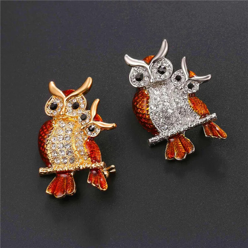 U7 Broševi sova Ženski šarm za majku i dijete Slatke životinje, broš s kamenčićima, igla za revere, crveno-bijeli nakit u retro stilu QC24