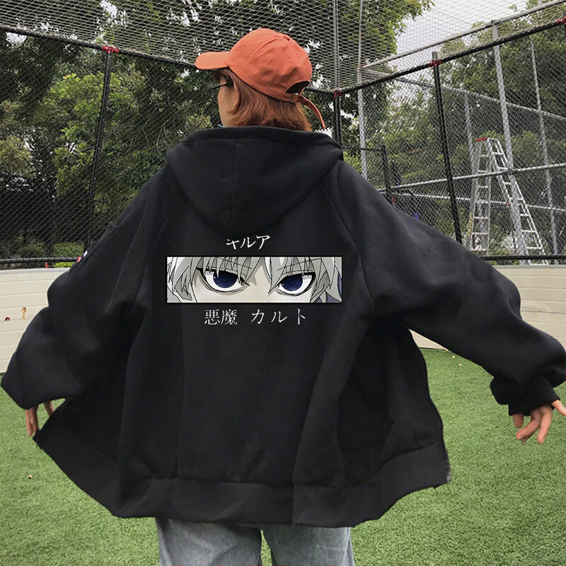 Japonia Anime Hunter X Hunter Killua Eyes Hanorace cu fermoar grafic Bărbați Femei Harajuku Streetwear largi Jachetă neagră caldă cu fermoar