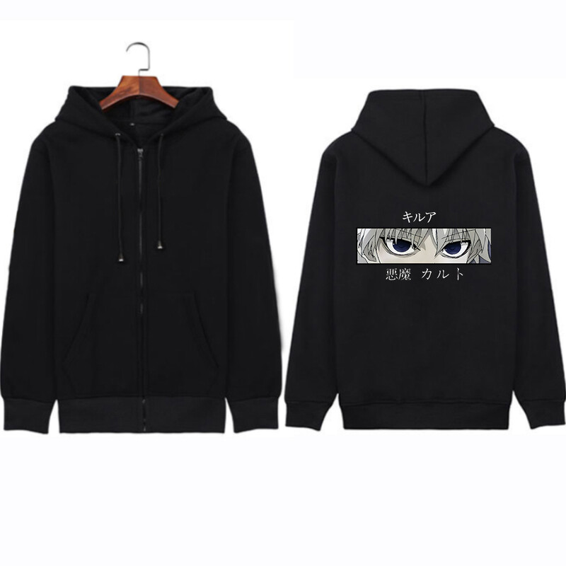 Japonia Anime Hunter X Hunter Killua Eyes Hanorace cu fermoar grafic Bărbați Femei Harajuku Streetwear largi Jachetă neagră caldă cu fermoar