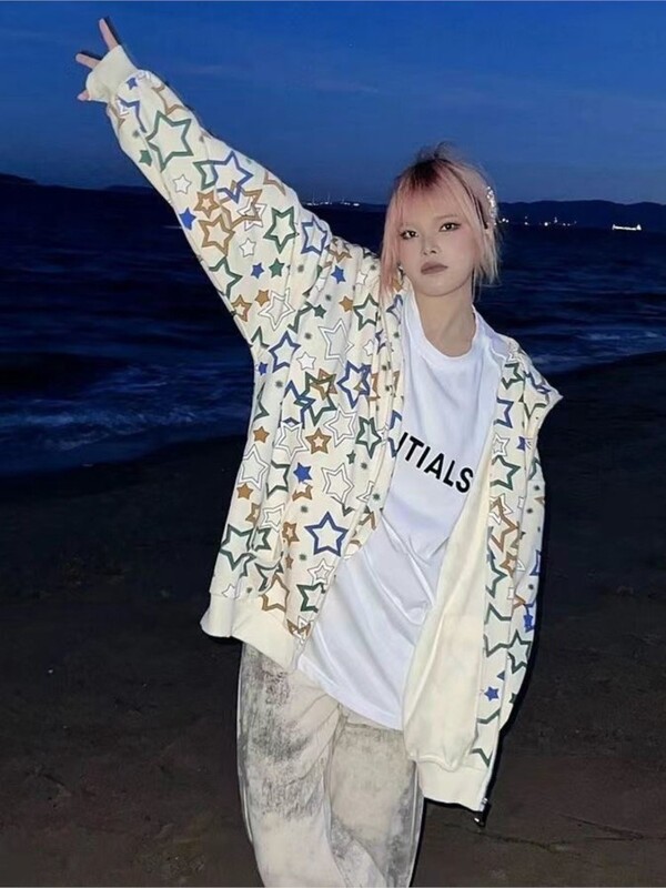 Primavara toamna American Hip hop Imprimare stele Cardigan Hanorace Street Haine Gotic cu mânecă lungă cu fermoar Hanorac Femei Y2K E-girl