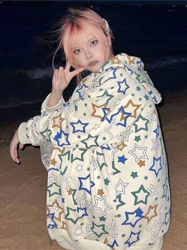 Primavara toamna American Hip hop Imprimare stele Cardigan Hanorace Street Haine Gotic cu mânecă lungă cu fermoar Hanorac Femei Y2K E-girl