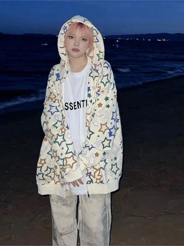 Primavara toamna American Hip hop Imprimare stele Cardigan Hanorace Street Haine Gotic cu mânecă lungă cu fermoar Hanorac Femei Y2K E-girl