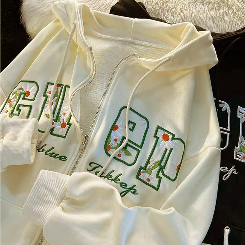 Hanorac cu glugă cu broderie pentru femei, imprimeu la modă, cu fermoar în sus, Hanorac cu glugă, cu mânecă lungă, Hip Hop, haină supradimensionată.