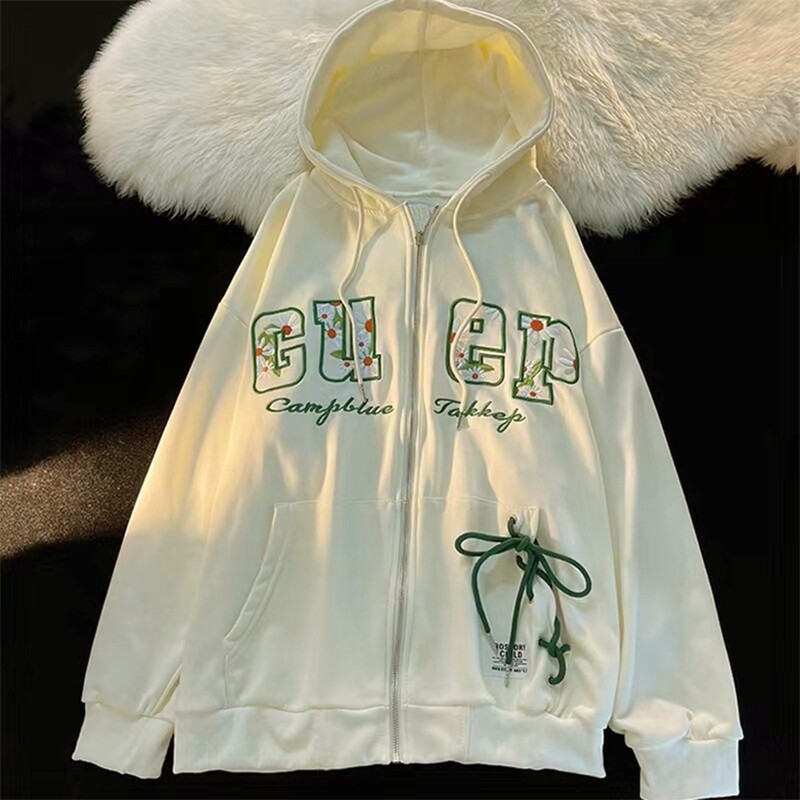 Hanorac cu glugă cu broderie pentru femei, imprimeu la modă, cu fermoar în sus, Hanorac cu glugă, cu mânecă lungă, Hip Hop, haină supradimensionată.