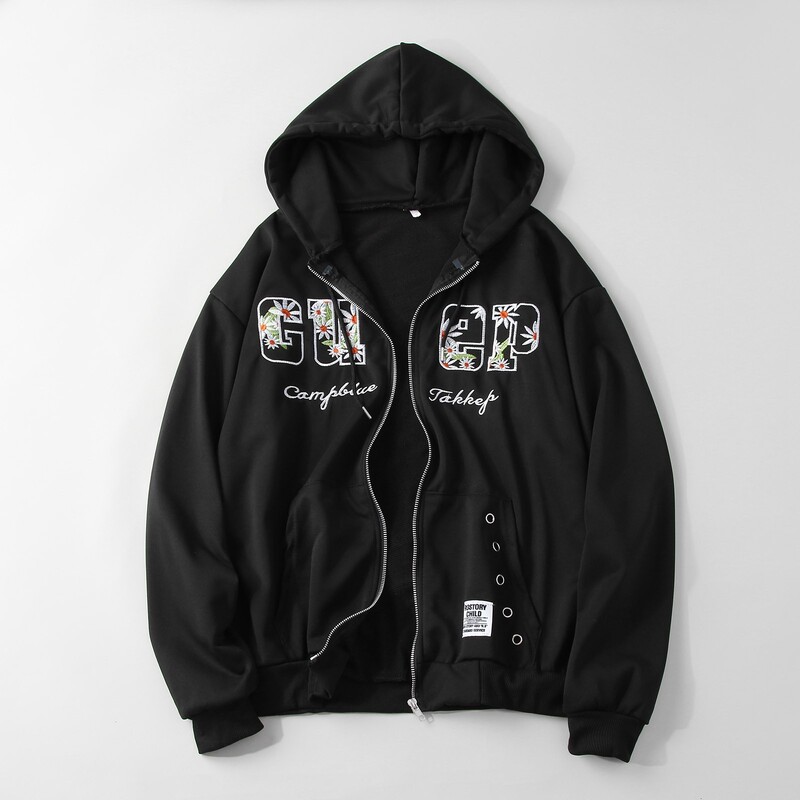 Hanorac cu glugă cu broderie pentru femei, imprimeu la modă, cu fermoar în sus, Hanorac cu glugă, cu mânecă lungă, Hip Hop, haină supradimensionată.