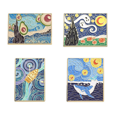 Eļļas glezna Emaljas piespraudes piespraudes Slavens mākslinieks Van Gogs Māksla Mēness debesis Vilnis Spokaina piespraude Atloks nozīmītes Juvelierizstrādājumu piegāde