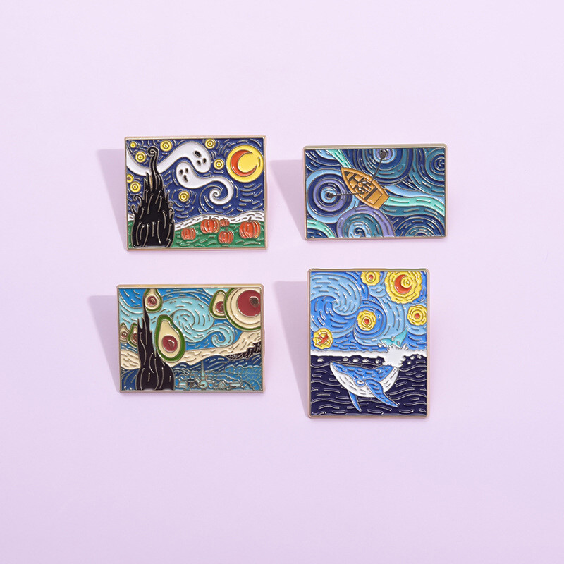 Eļļas glezna Emaljas piespraudes piespraudes Slavens mākslinieks Van Gogs Māksla Mēness debesis Vilnis Spokaina piespraude Atloks nozīmītes Juvelierizstrādājumu piegāde