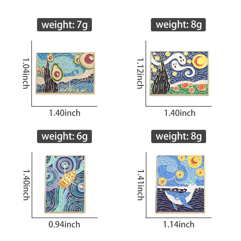 Eļļas glezna Emaljas piespraudes piespraudes Slavens mākslinieks Van Gogs Māksla Mēness debesis Vilnis Spokaina piespraude Atloks nozīmītes Juvelierizstrādājumu piegāde