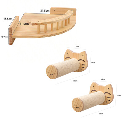 Set de rafturi pentru cățărare pentru pisici din lemn, montate pe perete, hamac, bibani, scară, trepte din lemn masiv, pisici, copac, platformă, rafturi pentru sărituri