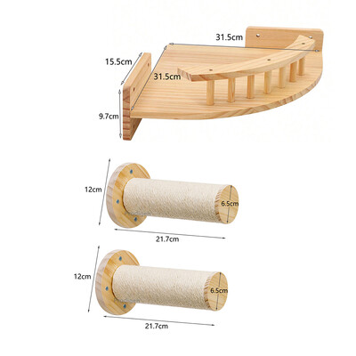Set de rafturi pentru cățărare pentru pisici din lemn, montate pe perete, hamac, bibani, scară, trepte din lemn masiv, pisici, copac, platformă, rafturi pentru sărituri