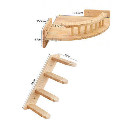 Set de rafturi pentru cățărare pentru pisici din lemn, montate pe perete, hamac, bibani, scară, trepte din lemn masiv, pisici, copac, platformă, rafturi pentru sărituri