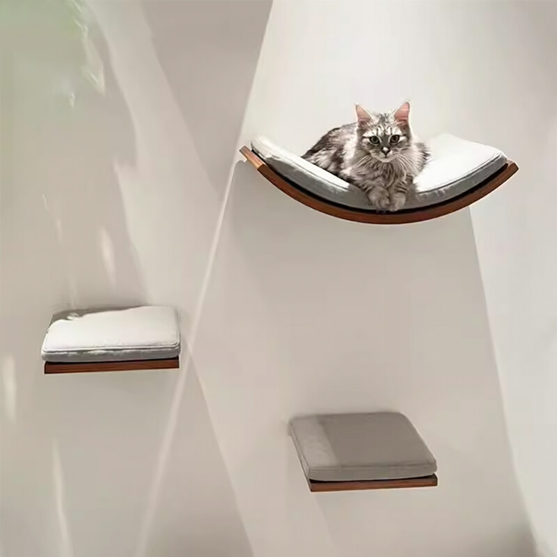 Set de rafturi pentru cățărare pentru pisici din lemn, montate pe perete, hamac, bibani, scară, trepte din lemn masiv, pisici, copac, platformă, rafturi pentru sărituri