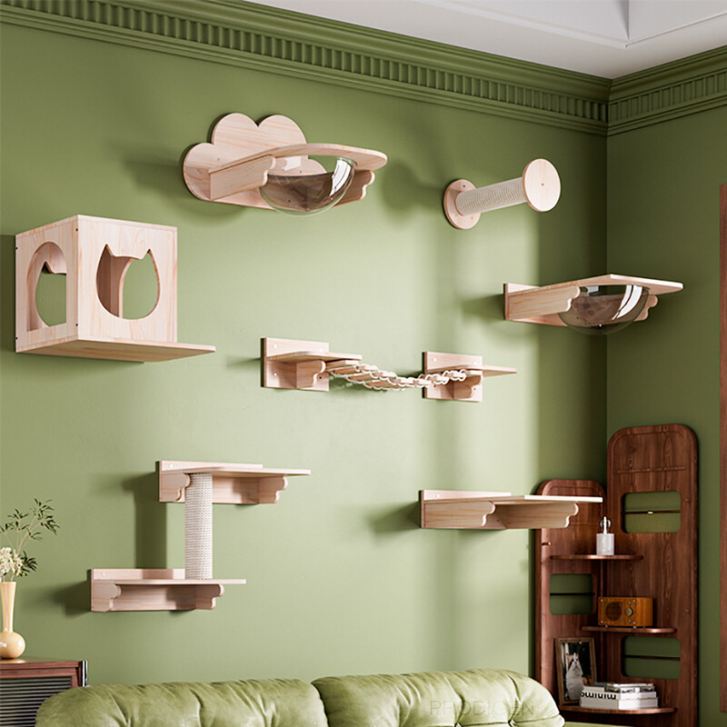 Set de rafturi pentru cățărare pentru pisici din lemn, montate pe perete, hamac, bibani, scară, trepte din lemn masiv, pisici, copac, platformă, rafturi pentru sărituri
