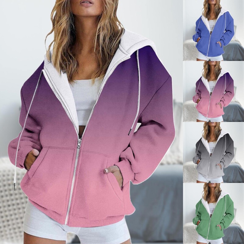  Ženska majica s kapuljačom, jesen, zima, majica s patentnim zatvaračem s gradijentnim ispisom i široka jakna s dvostrukim džepom Kaput visoke ulice 