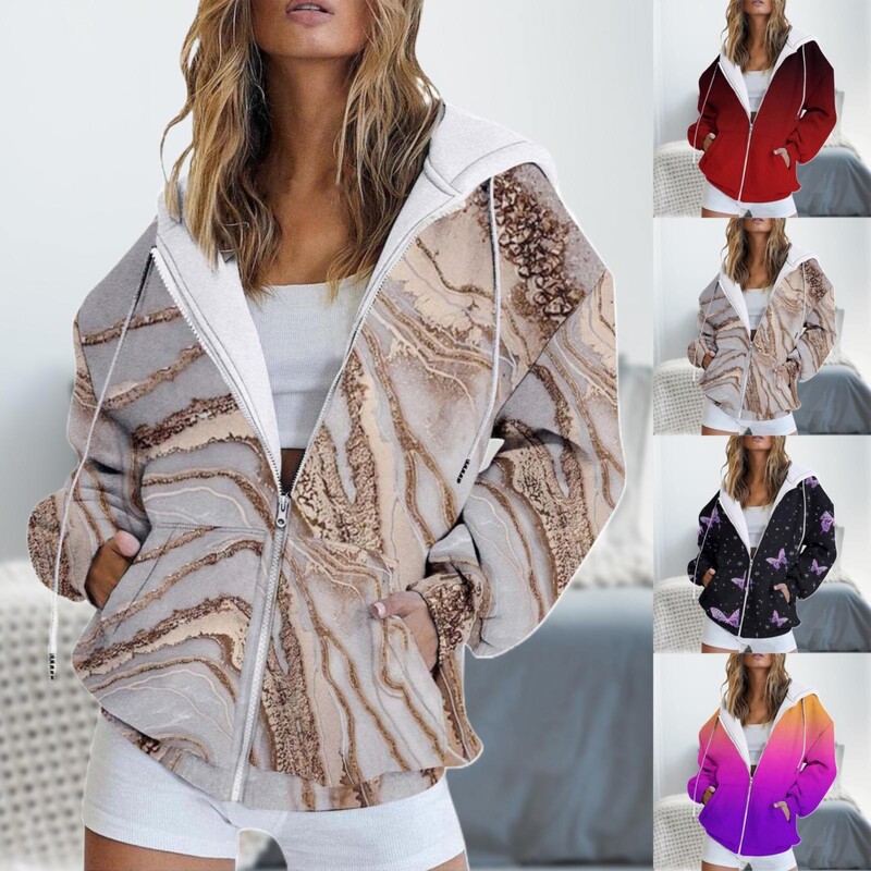 Lagana majica s kapuljačom s patentnim zatvaračem Ženska modna jesenska leptir s gradijentnim printom Ležerna jakna s džepovima i dugim rukavima Slatka ženska odjeća