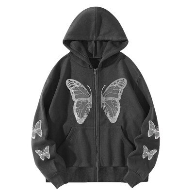 Jauni ielu apģērbi rudens ar tauriņu apdruku ar rāvējslēdzēju kapuci Sieviešu Harajuku Y2k jakas Jakas Gothic punk apģērbi sporta krekli