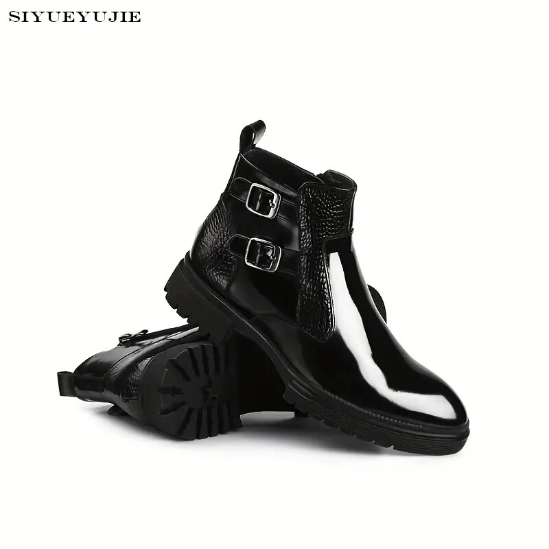 2024. gada rudens spilgtas lakādas smailas purngala sprādzes siksna Īsi zābaki Vīriešu puszābaki Vīriešu motocikla apavi ar augstu zoli