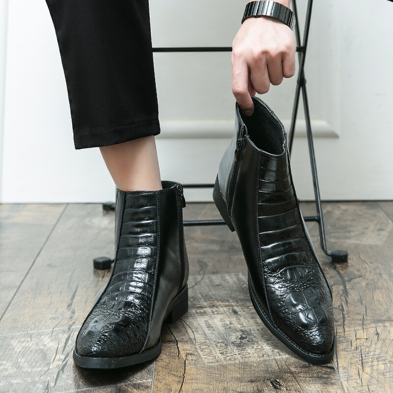 Glezna pentru bărbați din piele lacuită, cu fermoar, în carouri, cu vârf ascuțit