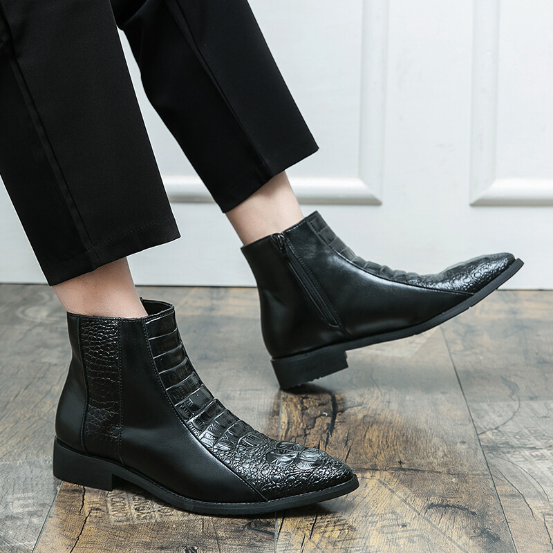 Glezna pentru bărbați din piele lacuită, cu fermoar, în carouri, cu vârf ascuțit