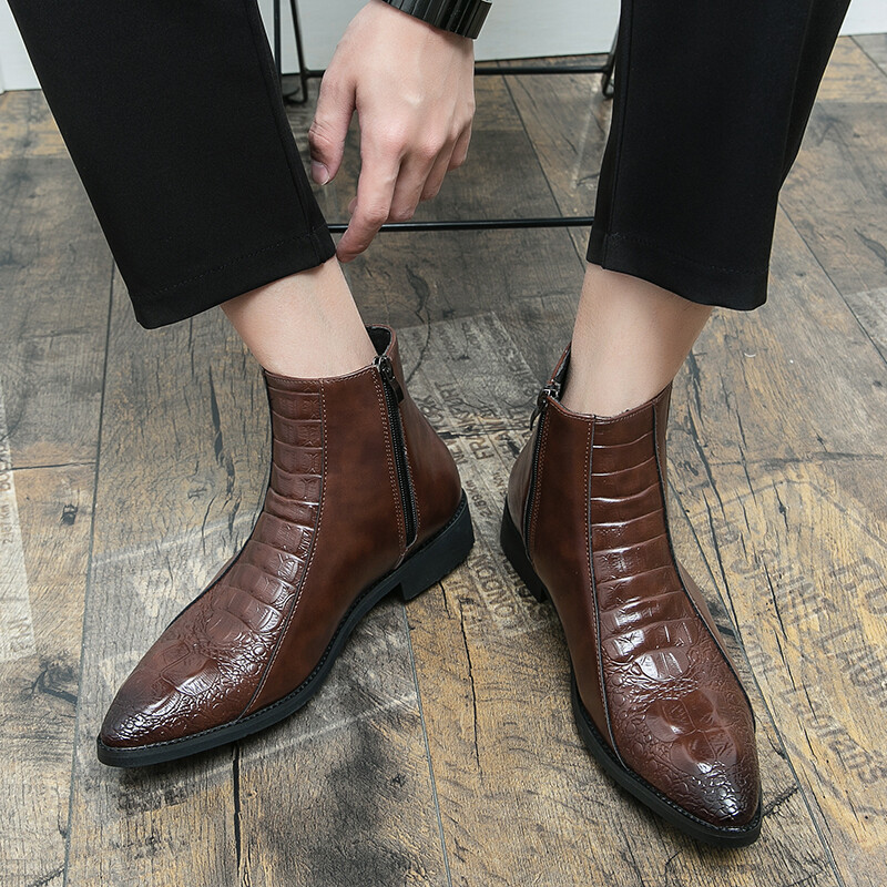 Glezna pentru bărbați din piele lacuită, cu fermoar, în carouri, cu vârf ascuțit