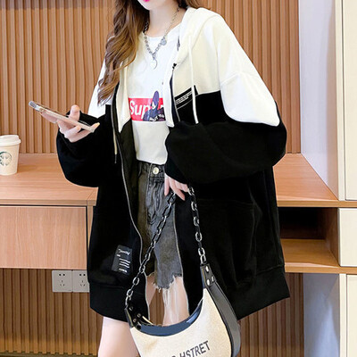 Prevelike ženske majice s kapuljačom od korejskog flisa kontrastne boje Ženske Harajuku ulične ležerne kapute s patentnim zatvaračem