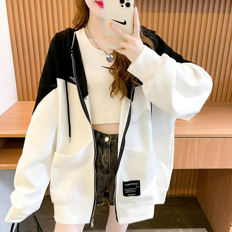 Prevelike ženske majice s kapuljačom od korejskog flisa kontrastne boje Ženske Harajuku ulične ležerne kapute s patentnim zatvaračem