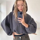 Stil gotic, ocazional, cu mâneci lungi, cu glugă, pulover scurt, jachetă, primăvară/toamnă, talie colectată, buric, fermoar expus, cardigan sport